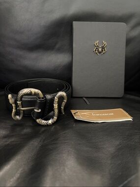 Black Faux Leather Belt w/Brass Color Snake Buckle M/L and Spider Notebook